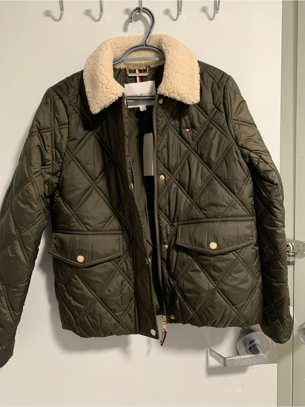 Tommy Hilfiger Quilted Jacket with Sherpa Collar - Olive & Cream